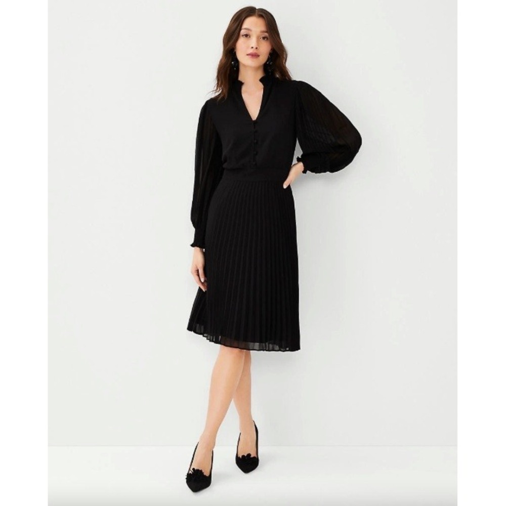 Ann Taylor Black Pleated Chiffon Midi Dress Sheer Long Sleeve | Size 10